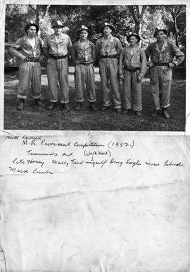 Mine Rescue - M.R. Provincial Competition (1952) Timmins, Ont - Pete Henry, Wally Teed, myself (Jack Heit), Doug Dogle, Moris Lalonde, Merve Comba.